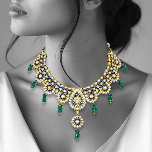 Blue Enamel Polki Necklace with Floral Pendant and Emerald Drops